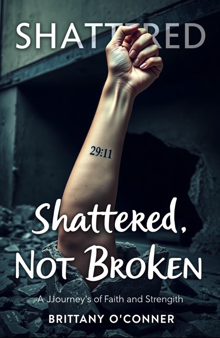 A dramatic and symbolic image of a woman's left forearm emerging from a shattered concrete foundation