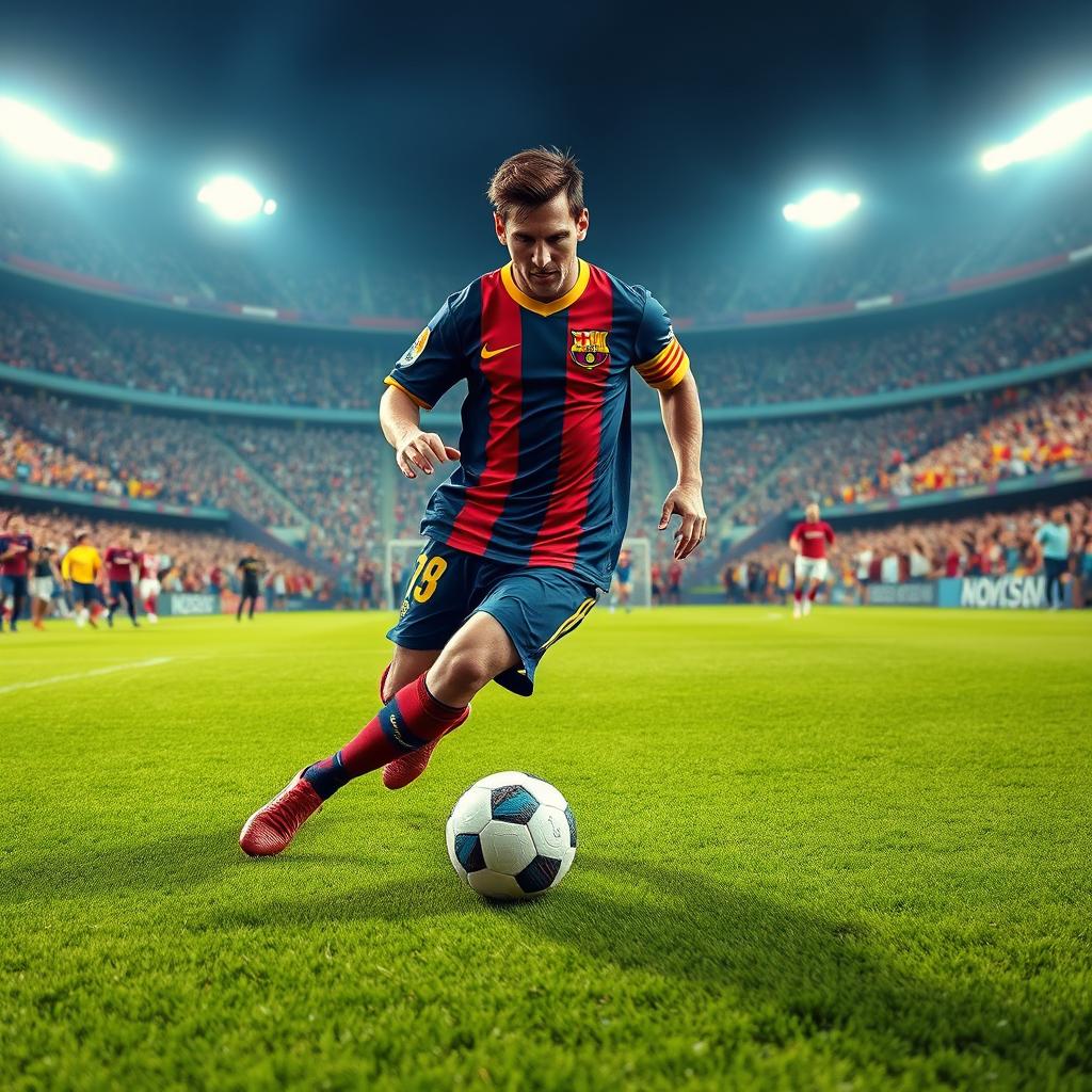 A surreal and vibrant depiction of a famous football player resembling Lionel Messi, skillfully dribbling a football on a lush green pitch