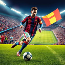 A surreal and vibrant depiction of a famous football player resembling Lionel Messi, skillfully dribbling a football on a lush green pitch