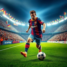 A surreal and vibrant depiction of a famous football player resembling Lionel Messi, skillfully dribbling a football on a lush green pitch