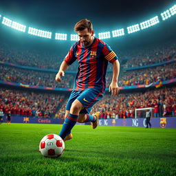 A surreal and vibrant depiction of a famous football player resembling Lionel Messi, skillfully dribbling a football on a lush green pitch