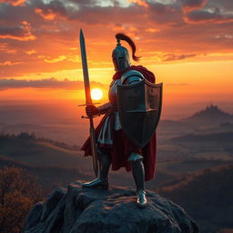 A heroic knight in full armor, standing proudly on a rocky cliff overlooking a vast landscape of rolling hills and a setting sun