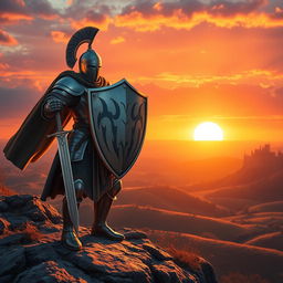 A heroic knight in full armor, standing proudly on a rocky cliff overlooking a vast landscape of rolling hills and a setting sun