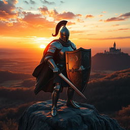 A heroic knight in full armor, standing proudly on a rocky cliff overlooking a vast landscape of rolling hills and a setting sun