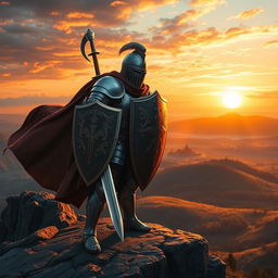 A heroic knight in full armor, standing proudly on a rocky cliff overlooking a vast landscape of rolling hills and a setting sun