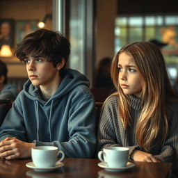 A poignant scene capturing a boy and a girl sitting in a cafe, each looking away from each other, lost in their thoughts
