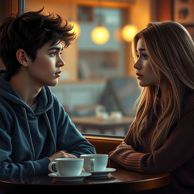 A poignant scene capturing a boy and a girl sitting in a cafe, each looking away from each other, lost in their thoughts