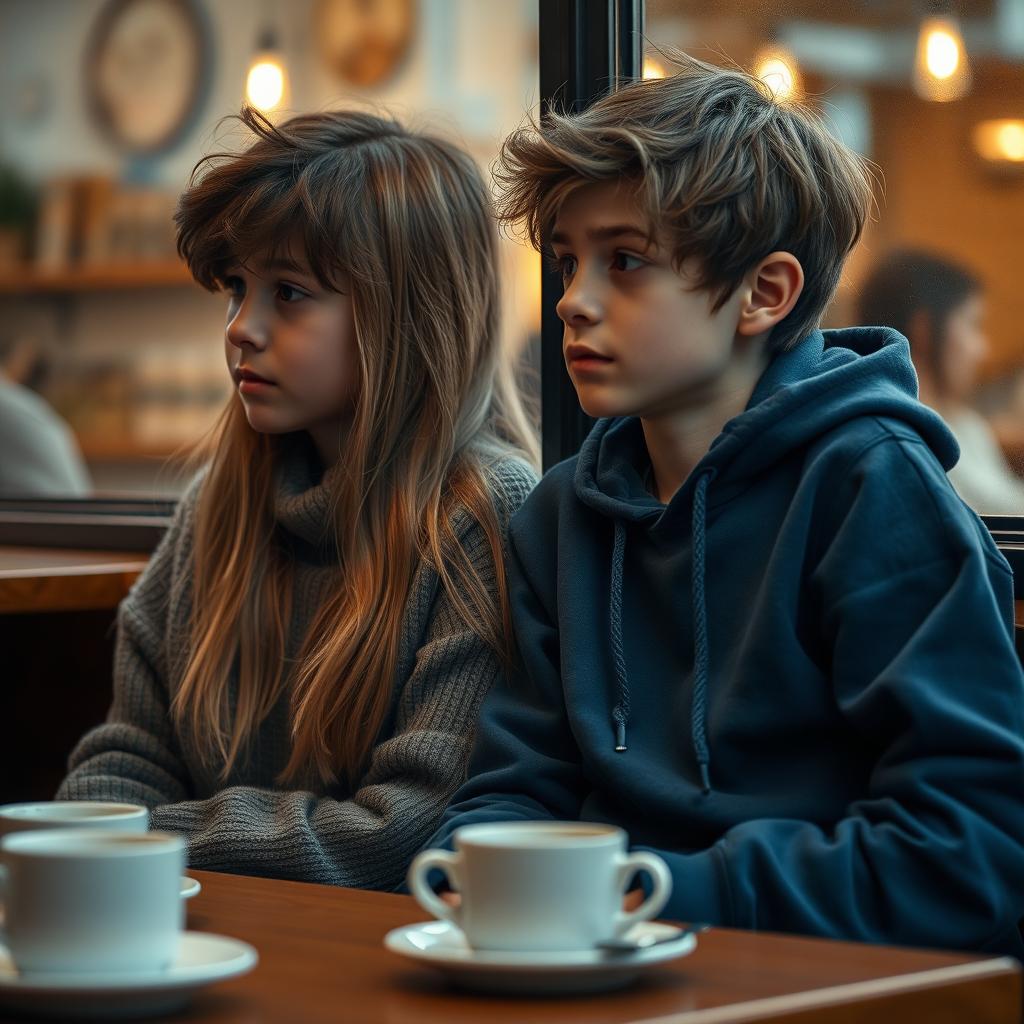 A poignant scene capturing a boy and a girl sitting in a cafe, each looking away from each other, lost in their thoughts