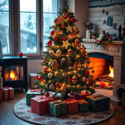 A beautifully crafted, handmade Christmas tree, adorned with unique and colorful ornaments