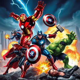 An epic scene featuring the Avengers, showcasing iconic characters like Iron Man, Captain America, Thor, Black Widow, and Hulk in a dynamic action pose