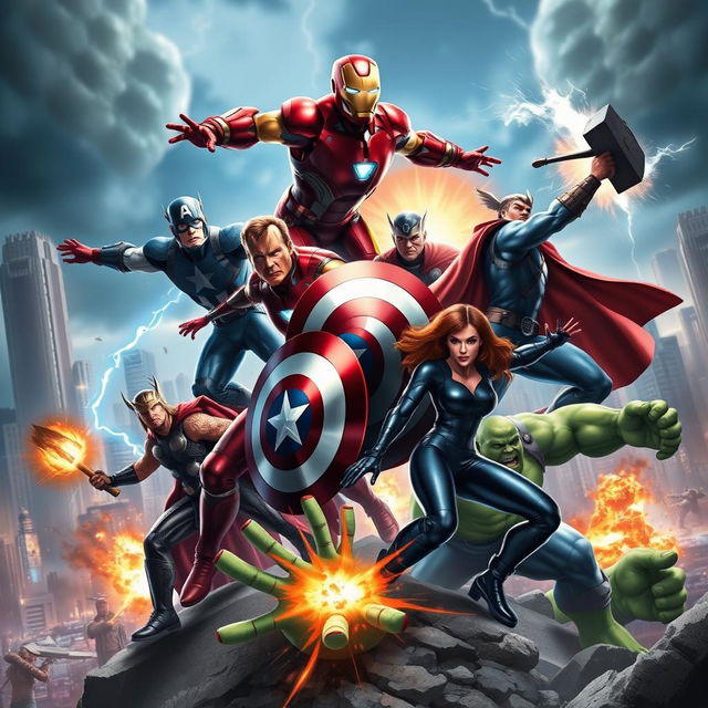 An epic scene featuring the Avengers, showcasing iconic characters like Iron Man, Captain America, Thor, Black Widow, and Hulk in a dynamic action pose