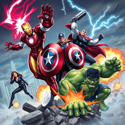 An epic scene featuring the Avengers, showcasing iconic characters like Iron Man, Captain America, Thor, Black Widow, and Hulk in a dynamic action pose