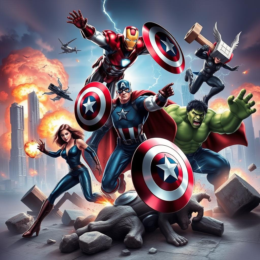 An epic scene featuring the Avengers, showcasing iconic characters like Iron Man, Captain America, Thor, Black Widow, and Hulk in a dynamic action pose