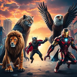 A fantastical scene featuring an ensemble of Avengers-like heroes portrayed as powerful animals