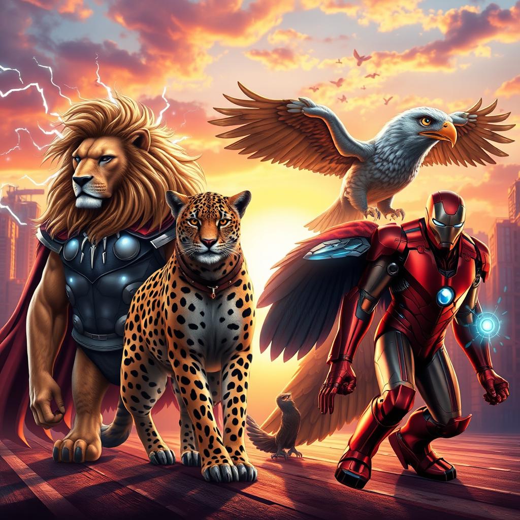 A fantastical scene featuring an ensemble of Avengers-like heroes portrayed as powerful animals