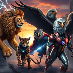 A fantastical scene featuring an ensemble of Avengers-like heroes portrayed as powerful animals