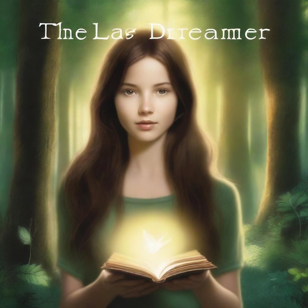 An artistic high-definition image featuring a girl with long brown hair in a forest, holding a book and surrounded by a glowing ring of light