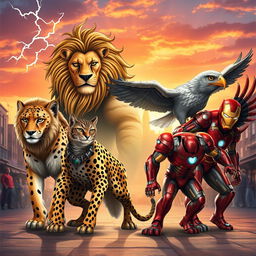 A fantastical scene featuring an ensemble of Avengers-like heroes portrayed as powerful animals
