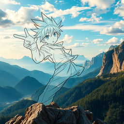 An artistic fusion of hand-drawn anime-style characters layered over stunning real-world scenic backgrounds