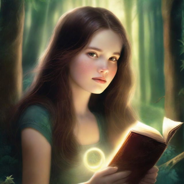 An artistic high-definition image featuring a girl with long brown hair in a forest, holding a book and surrounded by a glowing ring of light