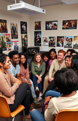 A diverse group of people engaging in a film analysis workshop, featuring individuals from various ethnic backgrounds, including Asian, African, Caucasian, and Latin American descents, sitting together in a cozy, modern classroom filled with movie posters and a projector