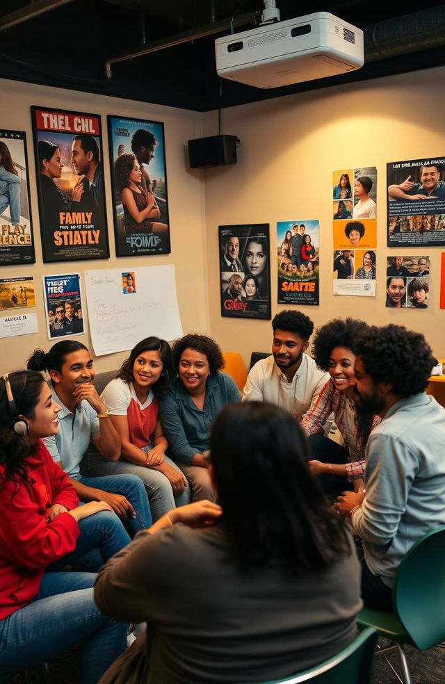 A diverse group of people engaging in a film analysis workshop, featuring individuals from various ethnic backgrounds, including Asian, African, Caucasian, and Latin American descents, sitting together in a cozy, modern classroom filled with movie posters and a projector