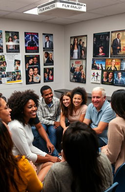 A diverse group of people engaging in a film analysis workshop, featuring individuals from various ethnic backgrounds, including Asian, African, Caucasian, and Latin American descents, sitting together in a cozy, modern classroom filled with movie posters and a projector