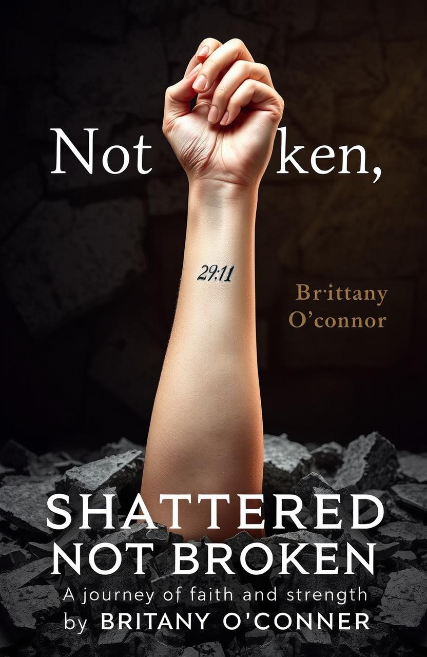 A dramatic scene depicting a woman's left forearm emerging from a shattered concrete foundation