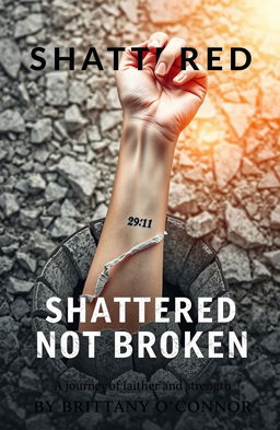 A dramatic scene depicting a woman's left forearm emerging from a shattered concrete foundation