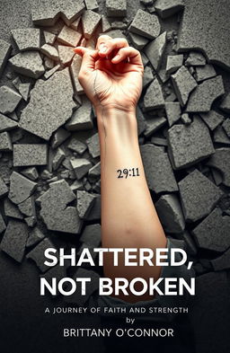A dramatic scene depicting a woman's left forearm emerging from a shattered concrete foundation