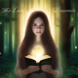 An artistic high-definition image featuring a girl with long brown hair in a forest, holding a book and surrounded by a glowing ring of light