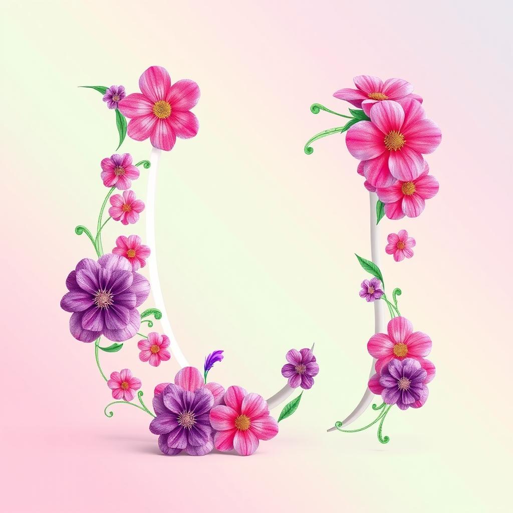 A large, stylized letter 'V' made of intricate floral patterns, with vibrant colors like pink, purple, and green