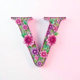 A large, stylized letter 'V' made of intricate floral patterns, with vibrant colors like pink, purple, and green