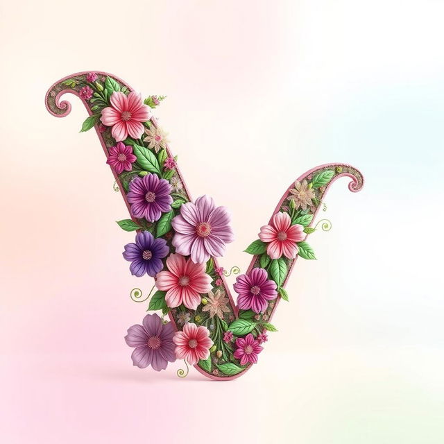 A large, stylized letter 'V' made of intricate floral patterns, with vibrant colors like pink, purple, and green