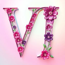 A large, stylized letter 'V' made of intricate floral patterns, with vibrant colors like pink, purple, and green