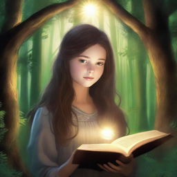 An artistic high-definition image featuring a girl with long brown hair in a forest, holding a book and surrounded by a glowing ring of light