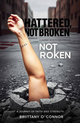 A striking image depicting a woman's left forearm emerging from a shattered concrete foundation