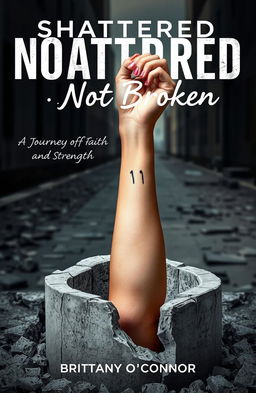 A striking image depicting a woman's left forearm emerging from a shattered concrete foundation