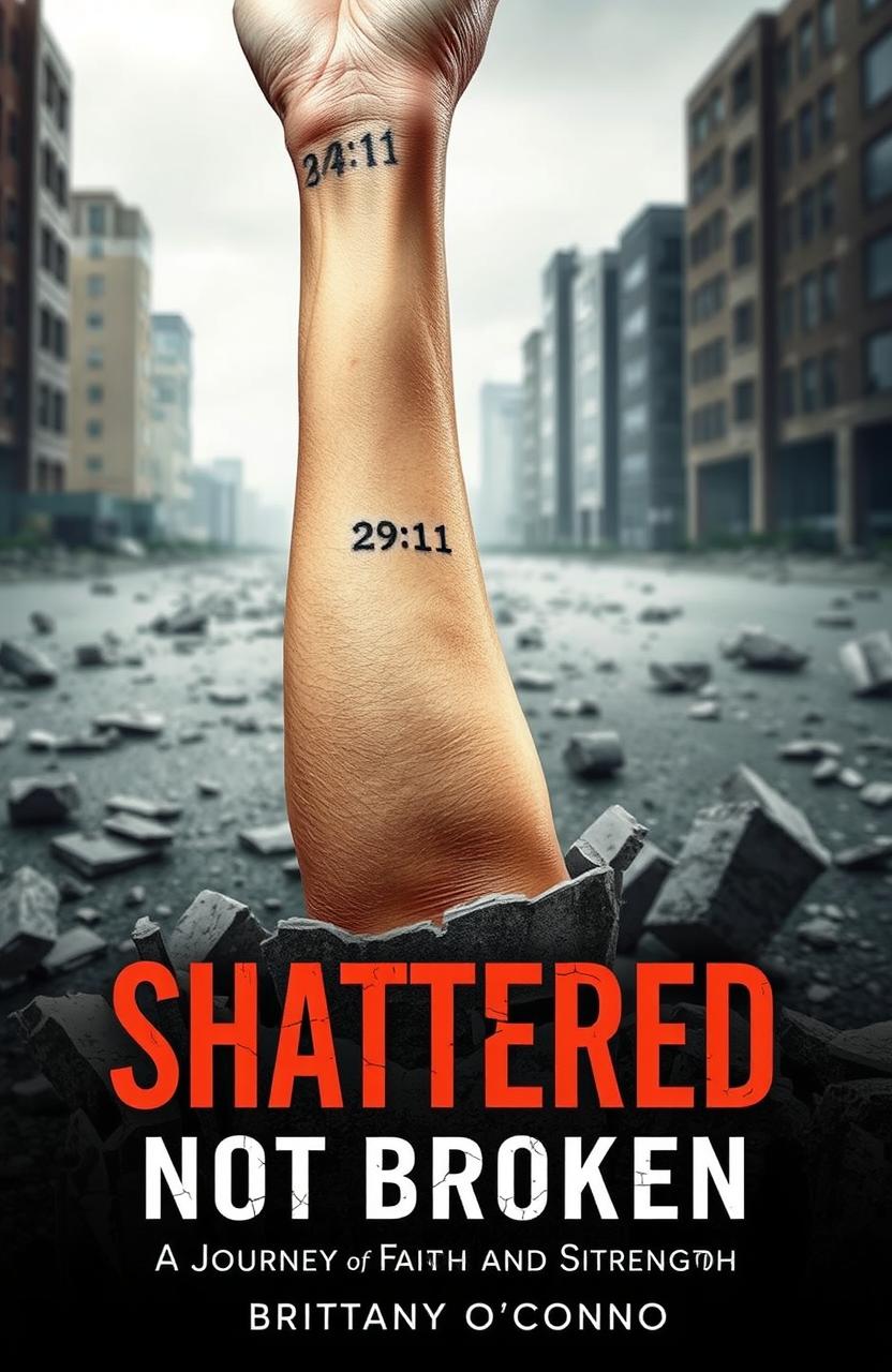 A striking image depicting a woman's left forearm emerging from a shattered concrete foundation
