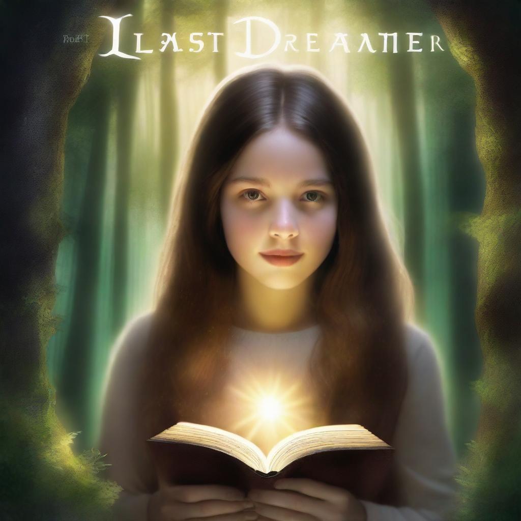 An artistic high-definition image featuring a girl with long brown hair in a forest, holding a book and surrounded by a glowing ring of light