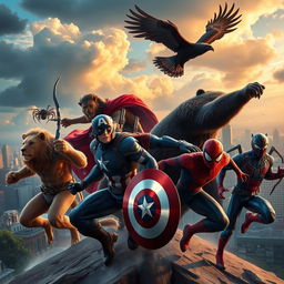 A dynamic scene featuring the Avengers as anthropomorphic animals, each superhero represented by a different animal that showcases their abilities