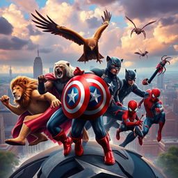 A dynamic scene featuring the Avengers as anthropomorphic animals, each superhero represented by a different animal that showcases their abilities