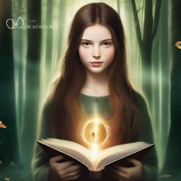 An artistic high-definition image featuring a girl with long brown hair in a forest, holding a book and surrounded by a glowing ring of light