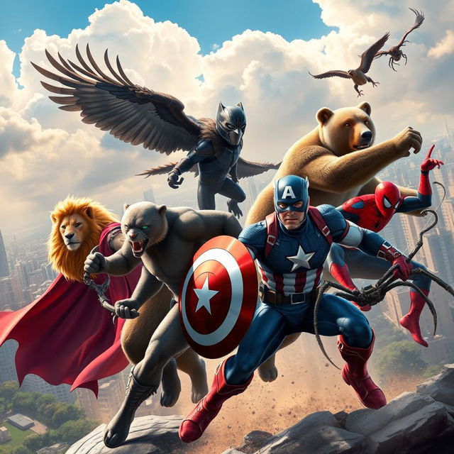 A dynamic scene featuring the Avengers as anthropomorphic animals, each superhero represented by a different animal that showcases their abilities