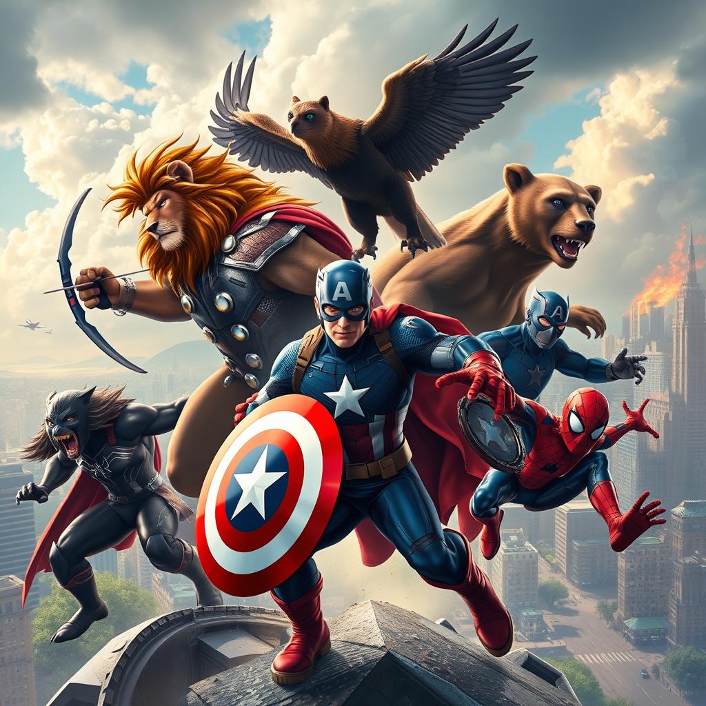 A dynamic scene featuring the Avengers as anthropomorphic animals, each superhero represented by a different animal that showcases their abilities