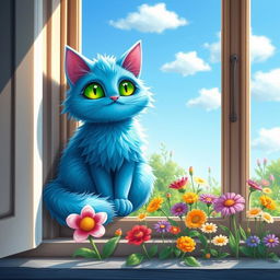 A whimsical blue cat with bright green eyes sitting peacefully on a sunny windowsill