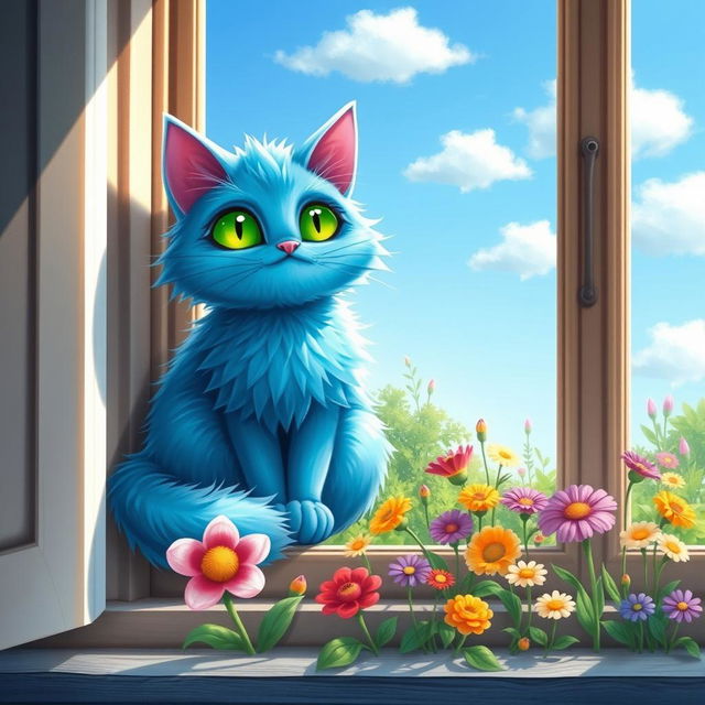 A whimsical blue cat with bright green eyes sitting peacefully on a sunny windowsill