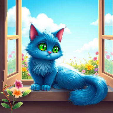 A whimsical blue cat with bright green eyes sitting peacefully on a sunny windowsill