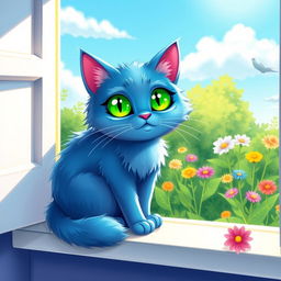 A whimsical blue cat with bright green eyes sitting peacefully on a sunny windowsill