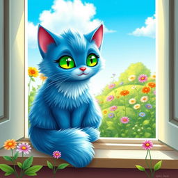 A whimsical blue cat with bright green eyes sitting peacefully on a sunny windowsill